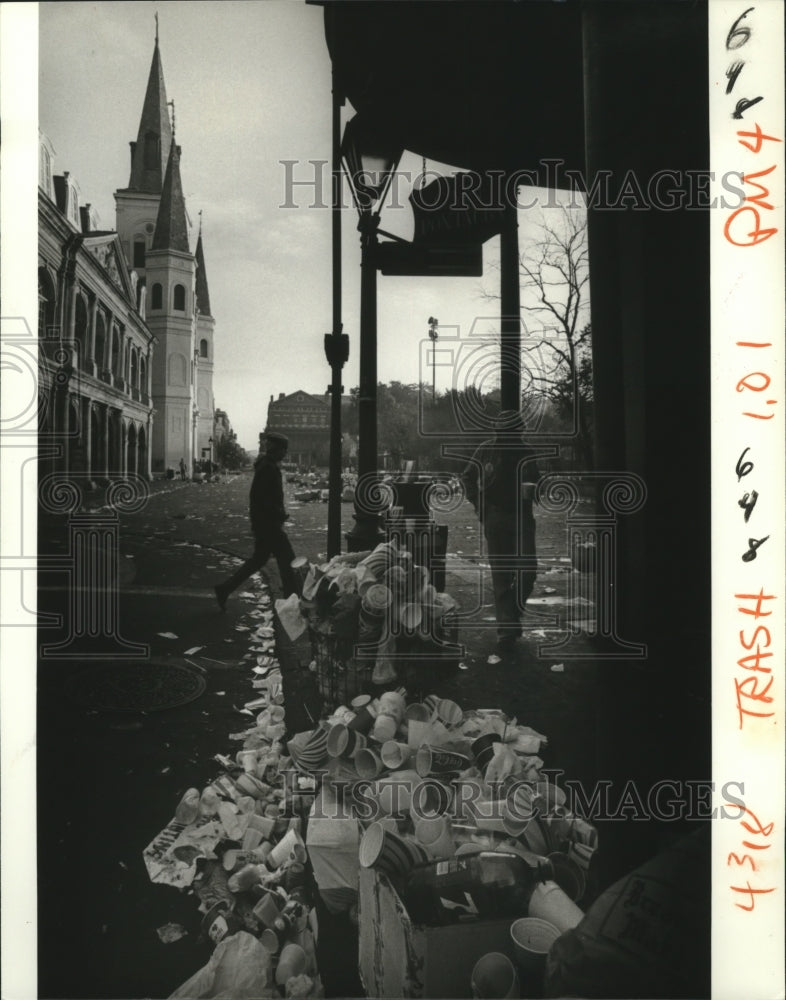 1982 Piles of Trash in Jackson Square from Carnival Parade - Historic Images