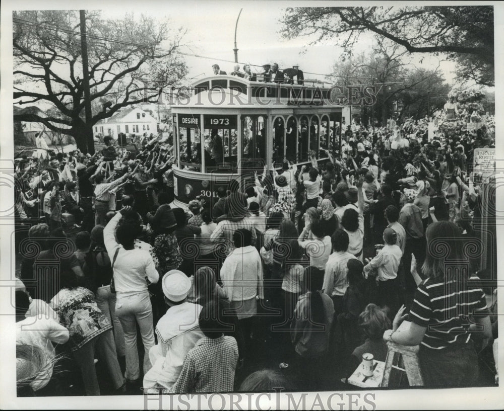 1973 Crowd Watches Trolley Float at Rex Parade, Mardi Gras, LA - Historic Images