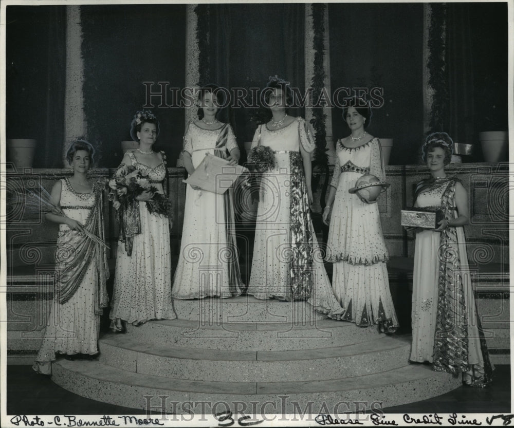 1966 Carnival Majesty Mrs. Earle Mason McGowin reigns as Queen. - Historic Images