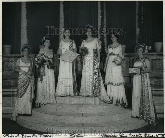 1966 Carnival Majesty Mrs. Earle Mason McGowin reigns as Queen. - Historic Images
