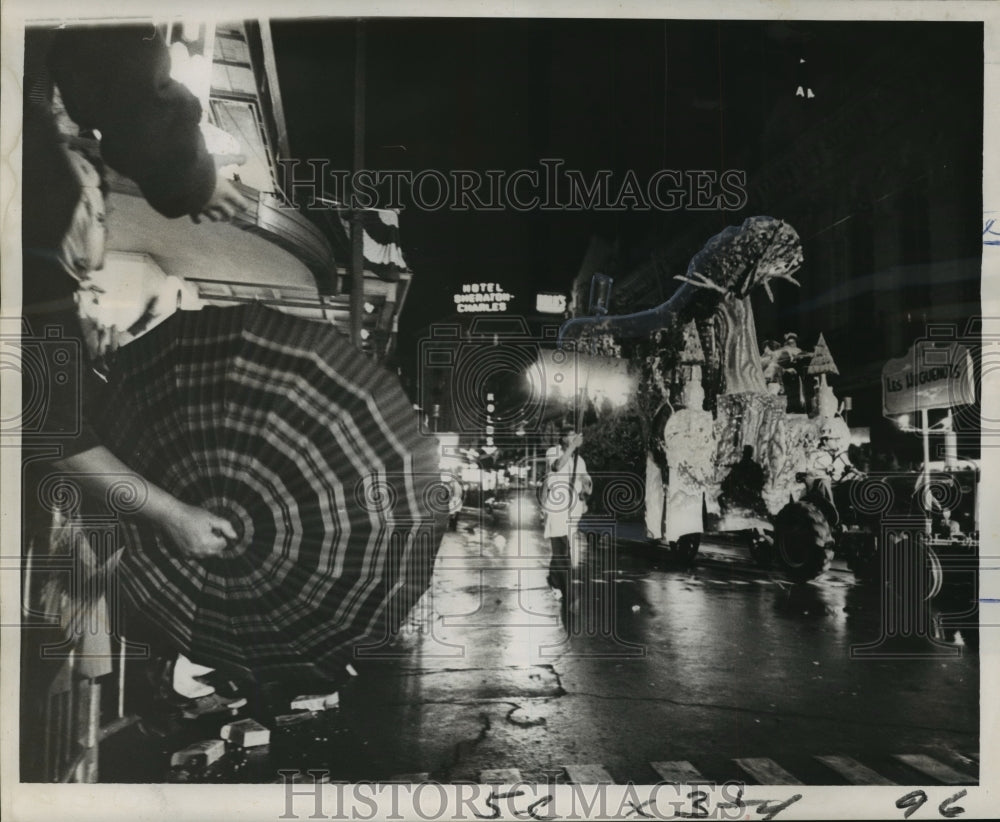 1967 Les Hugenot Float in Knights of Babylon Parade at Mardi Gras - Historic Images