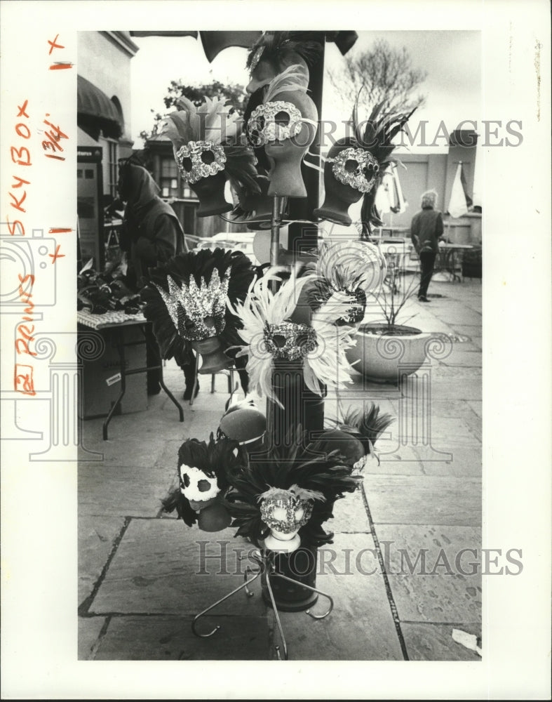 1987 Carnival Masks for Mardi Gras on Display on Street Sidewalk - Historic Images