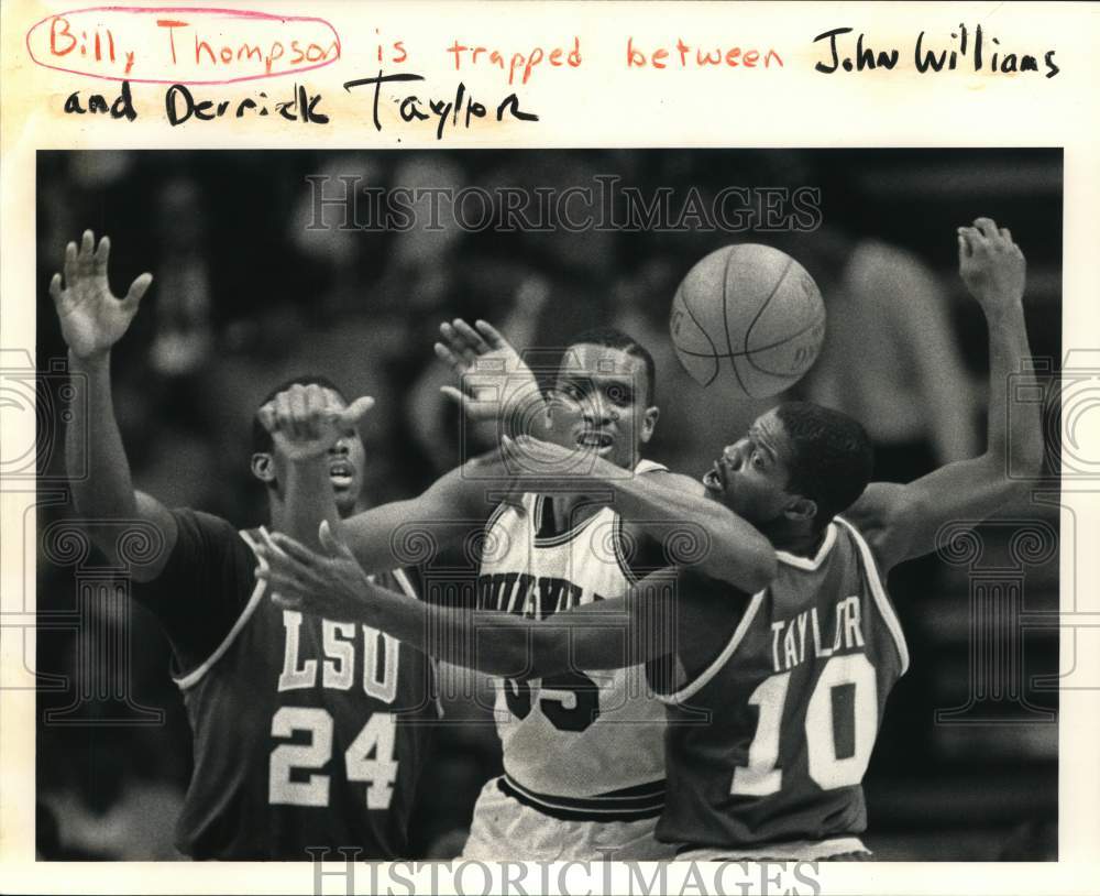 1986 Press Photo Basketball Players Bill Thompson, John Williams, Derrick Taylor - Historic Images