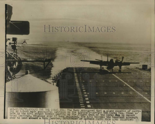 1950 Press Photo AJ-1 Attack Bomber Plane on Aircraft Carrier USS Coral Sea - Historic Images