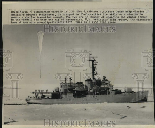 1958 Press Photo US Coast Guard ship Glacier trapped in thick ice in Antarctica- Historic Images