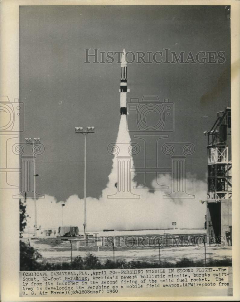 1960 Press Photo Army&#39;s Pershing Missile in Second Flight, Cape Canaveral - Historic Images