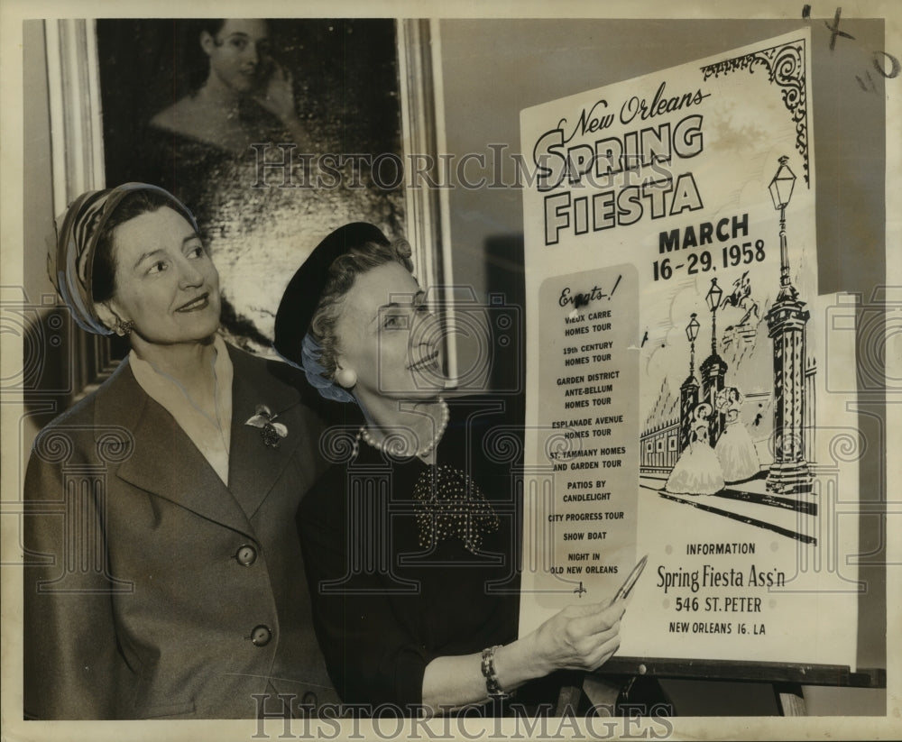 1958 Press Photo Mrs.Audley Curran, Mrs.James E. DuBos with Spring Fiesta poster-Historic Images