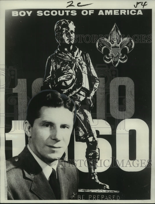 1960 Major Robert Crawford with Boy Scout Poster in Okinawa - Historic Images
