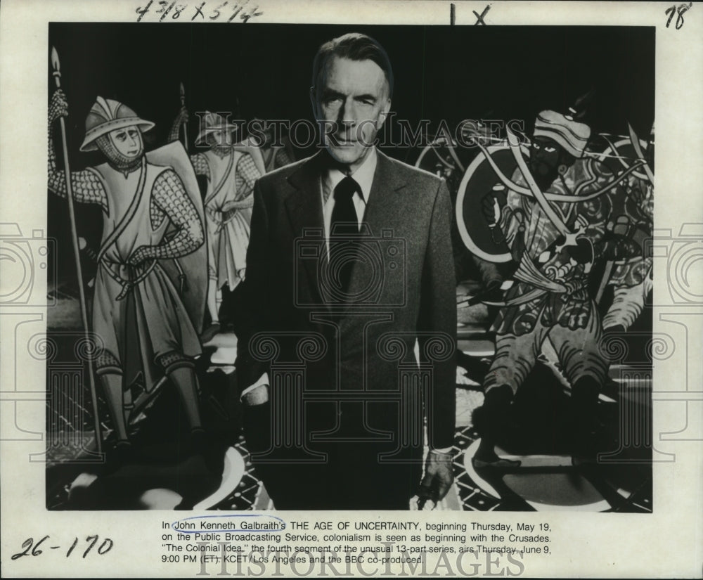 1977 Press Photo John Kenneth Galbraith&#39;s THE AGE OF UNCERTAINTY on PBS - Historic Images