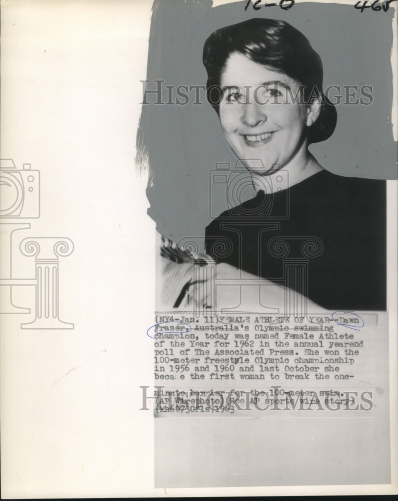 1963 Press Photo Dawn Fraser, named Female Athlete of the Year for 1962-Historic Images