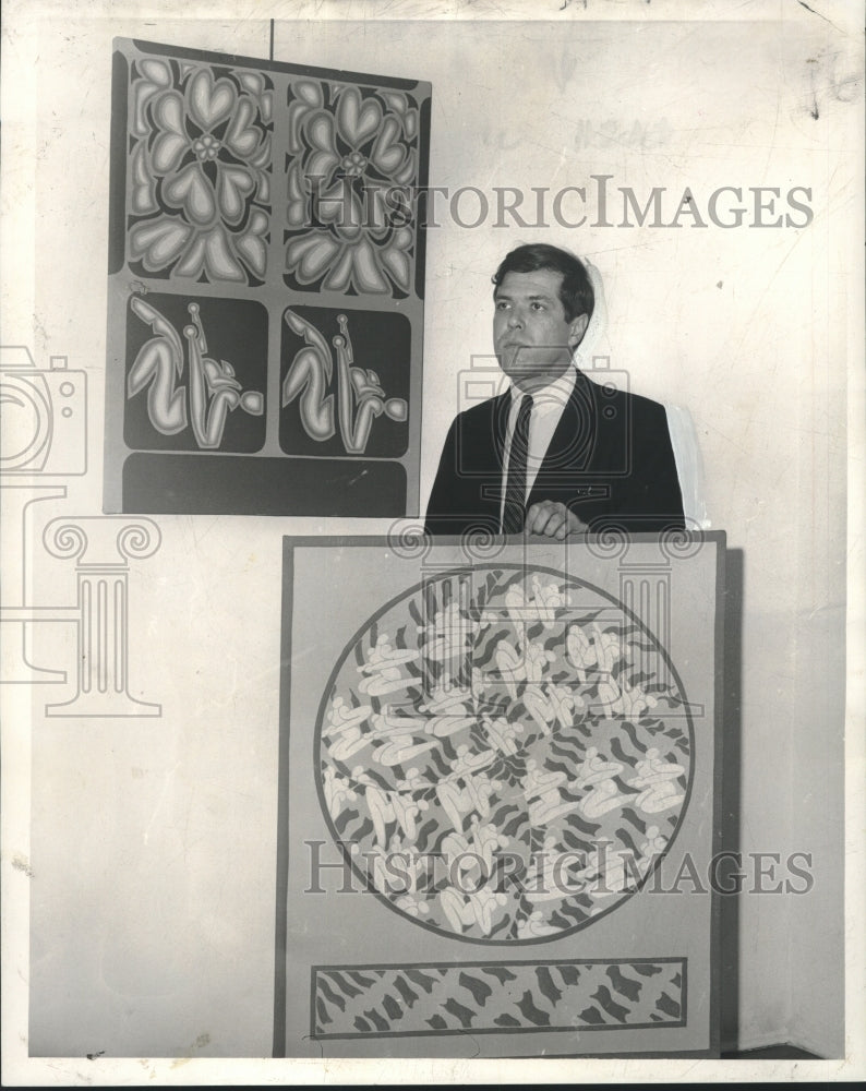 1966 Artist Robert Gordy in New Orleans with Paintings - Historic Images