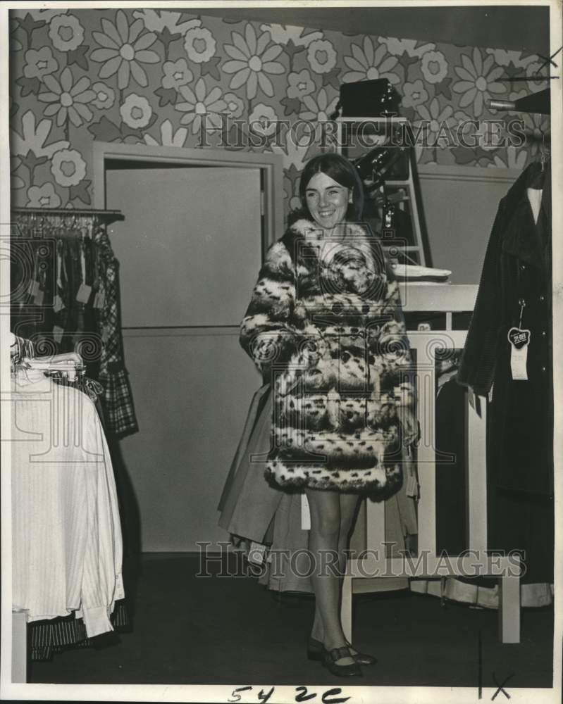 1969 Model Wearing Sporty Fur Coat at The Back Room at Goldring&#39;s - Historic Images