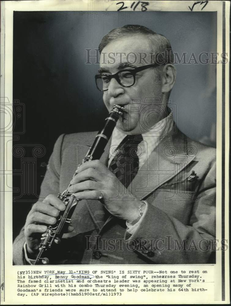 1973 Benny Goodman, playing his clarinet, 64th birthday - Historic Images