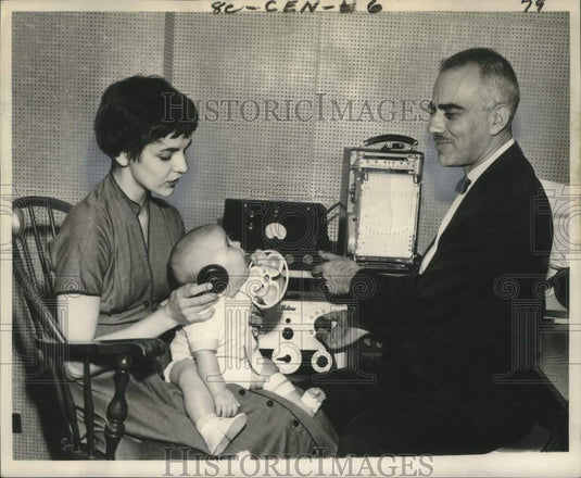 1960 Mrs. Douglas Greve & son test galvanic skin response audiometer-Historic Images