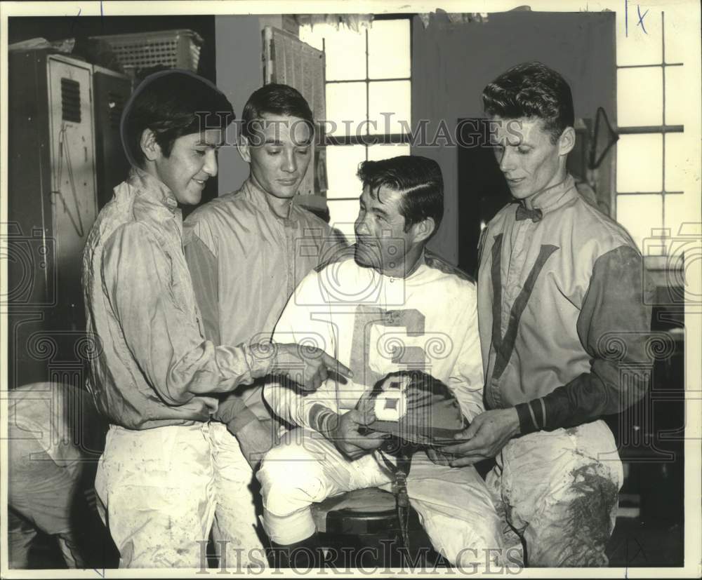 1969 Press Photo Top Four Fair Grounds Jockeys confer in the jockey quarters- Historic Images