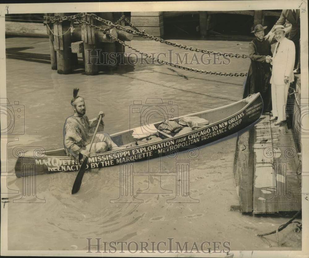 1959 Gerald Burke greeted by Mayor Schiro after 250-mile canoe trip - Historic Images