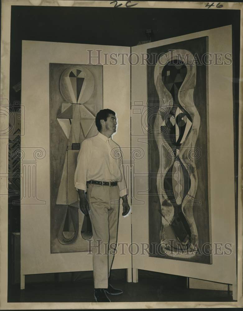 1967 Michael Popa with his artworks at Lowe Art Gallery - Historic Images