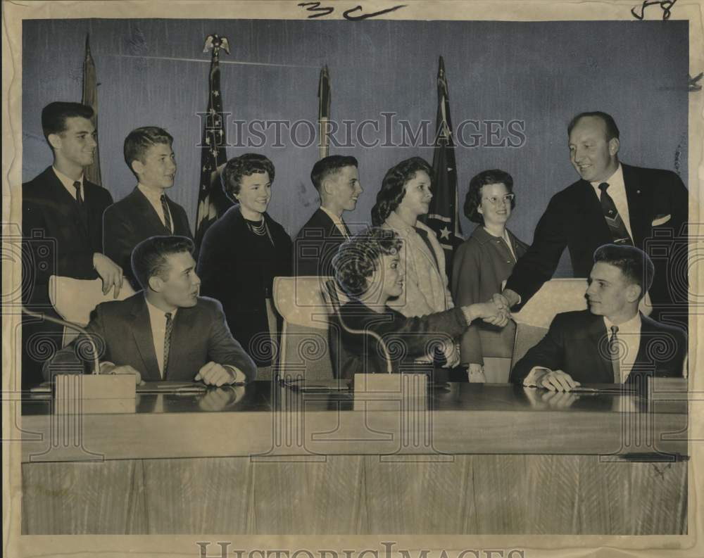 1960 Youth Appreciation Week honor students gather at City Hall. - Historic Images