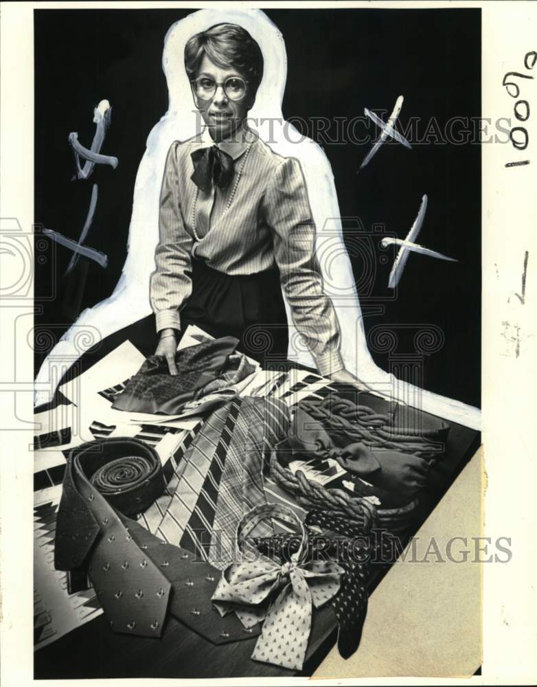 1983 Harken Ties and Belts designer Debie Wachtel displays ties - Historic Images