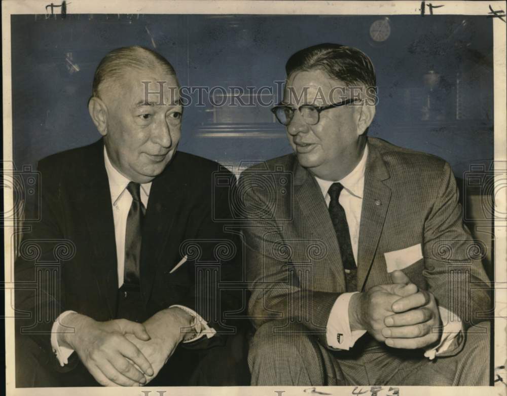 1961 Walter Marshall and W.B. Wadsworth discuss Western Union confer - Historic Images