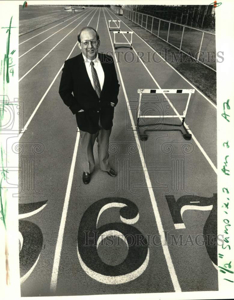 1988 Tulane Athletic Director Wright Waters stands on school&#39;s track - Historic Images