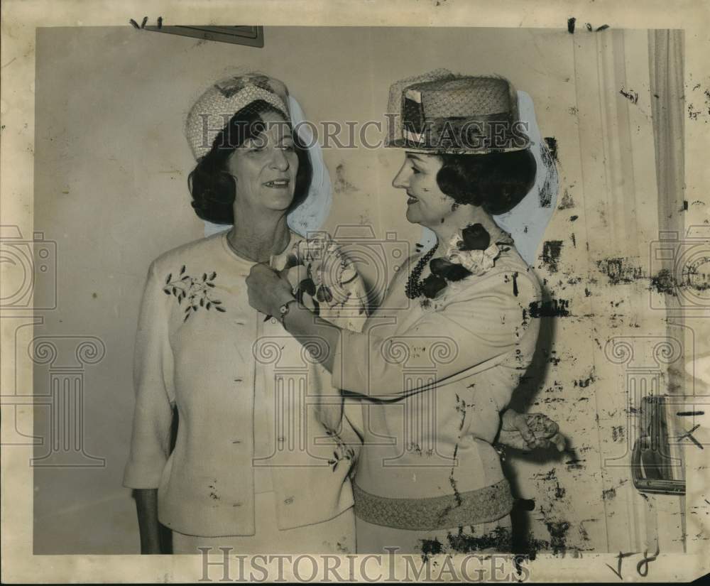 1965 Mrs. Thomas Spain honored by Mrs. Theodore Means at PTA lunch - Historic Images