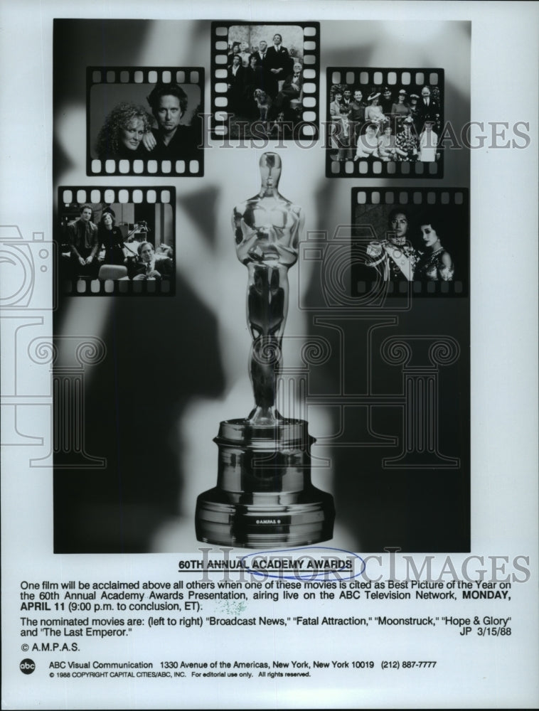 1988 Press Photo Best Picture of the Year nominees for the 60th Academy Awards.- Historic Images