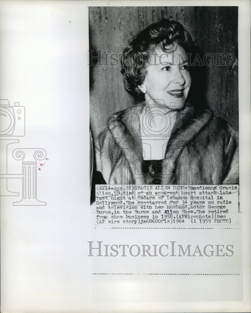 1959 Press Photo Comedienne Gracie Allen dies of heart attack in Hollywood.- Historic Images