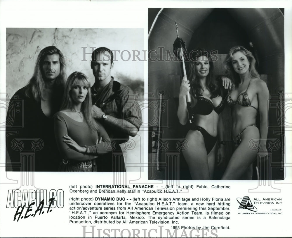 1993 Press Photo Fabio, Catherine Oxenberg and Brendan Kelly in Acapulco HEAT.- Historic Images