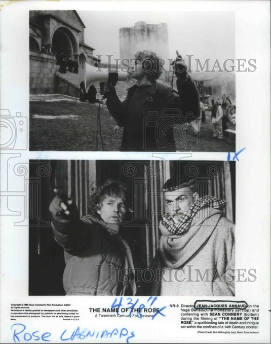 1986 Press Photo Jean-Jacques Annaud & Sean Connery filming The Name of the Rose - Historic Images