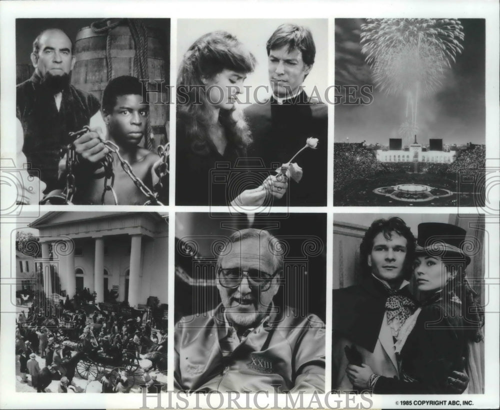 1985 Press Photo Ed Asner, LeVar Burton & Patrick Swayze in North and South. - Historic Images