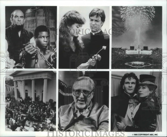 1985 Press Photo Ed Asner, LeVar Burton & Patrick Swayze in North and South. - Historic Images