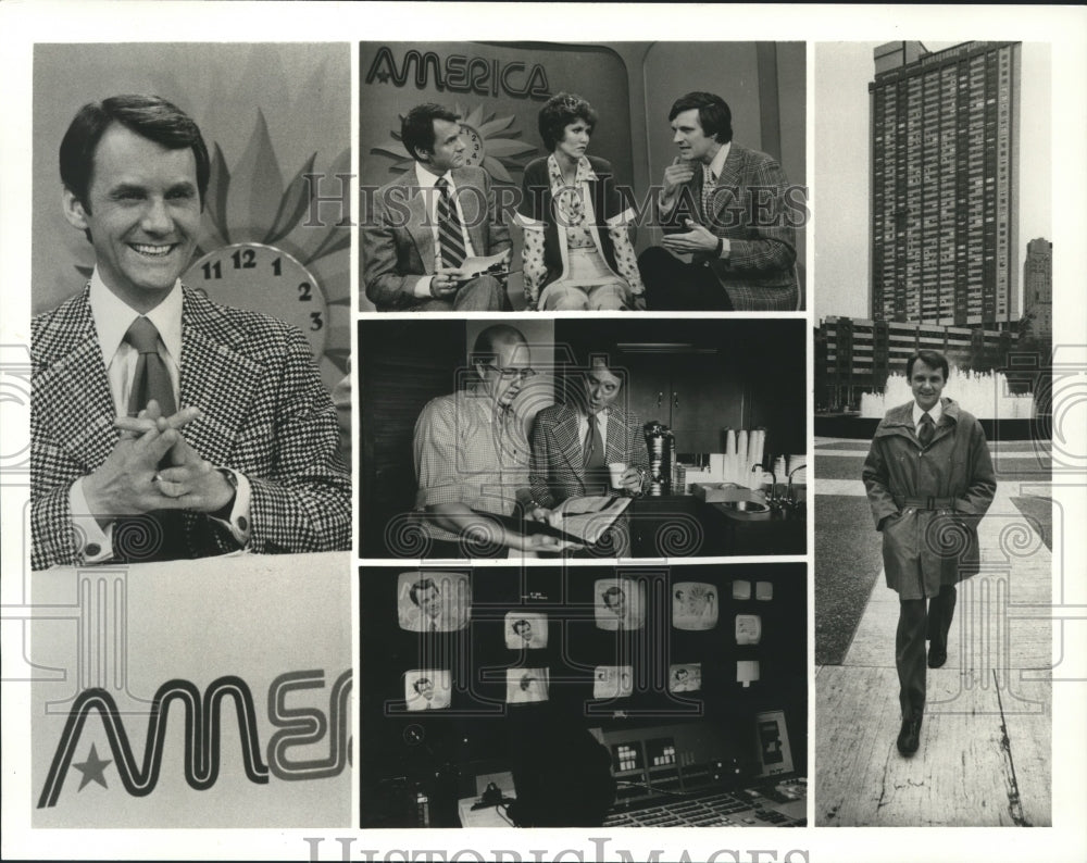 1975 Bill Beutel, Stephanie Edwards &amp; Alan Alda on AM America. - Historic Images