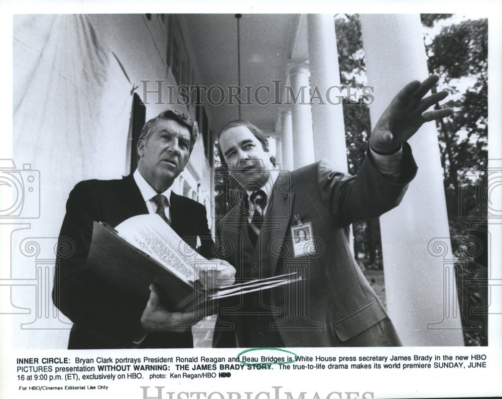 1991 Press Photo Bryan Clark & Beau Bridges in Without Warning James Brady Story - Historic Images