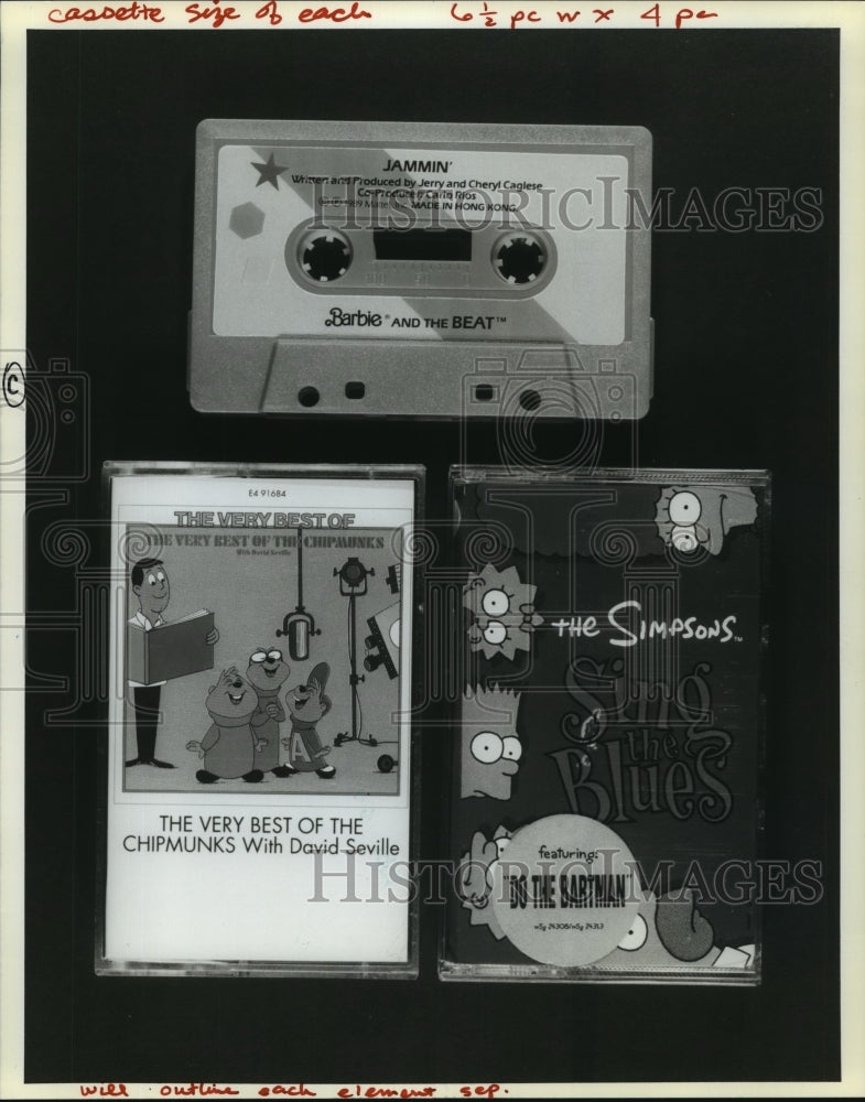 1991 Press Photo The Simpsons, Chipmunks &amp; Barbie Cassette Tapes for Children - Historic Images