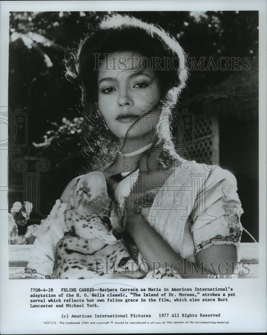 1977 Press Photo Barbara Carrera as Maria, Pet Serval "The Island of Dr. Moreau"-Historic Images