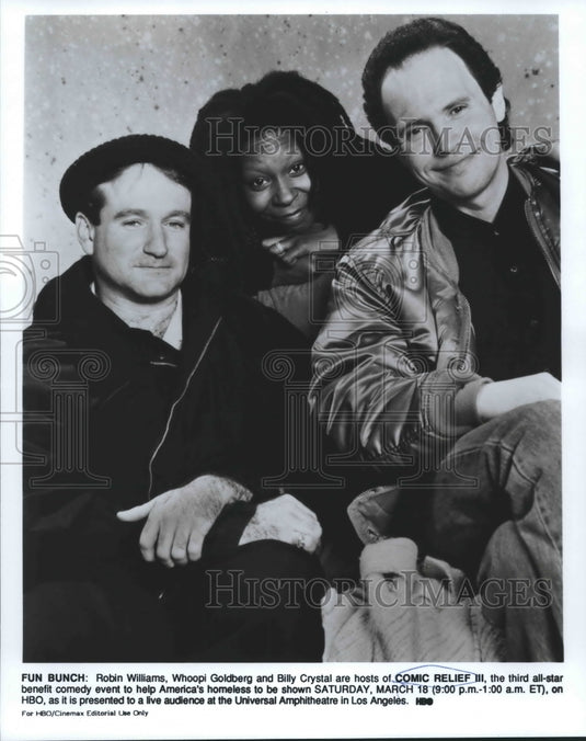 1989 Press Photo Robin Williams, Whoopi Goldberg & Billy Crystal host special. - Historic Images
