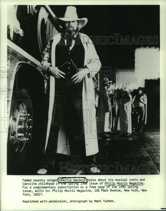 1986 Press Photo Charlie Daniels, country singer, on Philip Morris Magazine - Historic Images