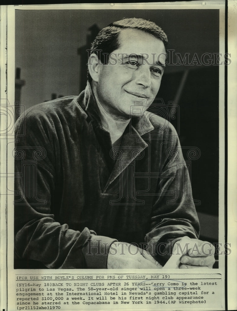 1970 Press Photo Perry Como for International Hotel Engagement, Las Vegas - Historic Images