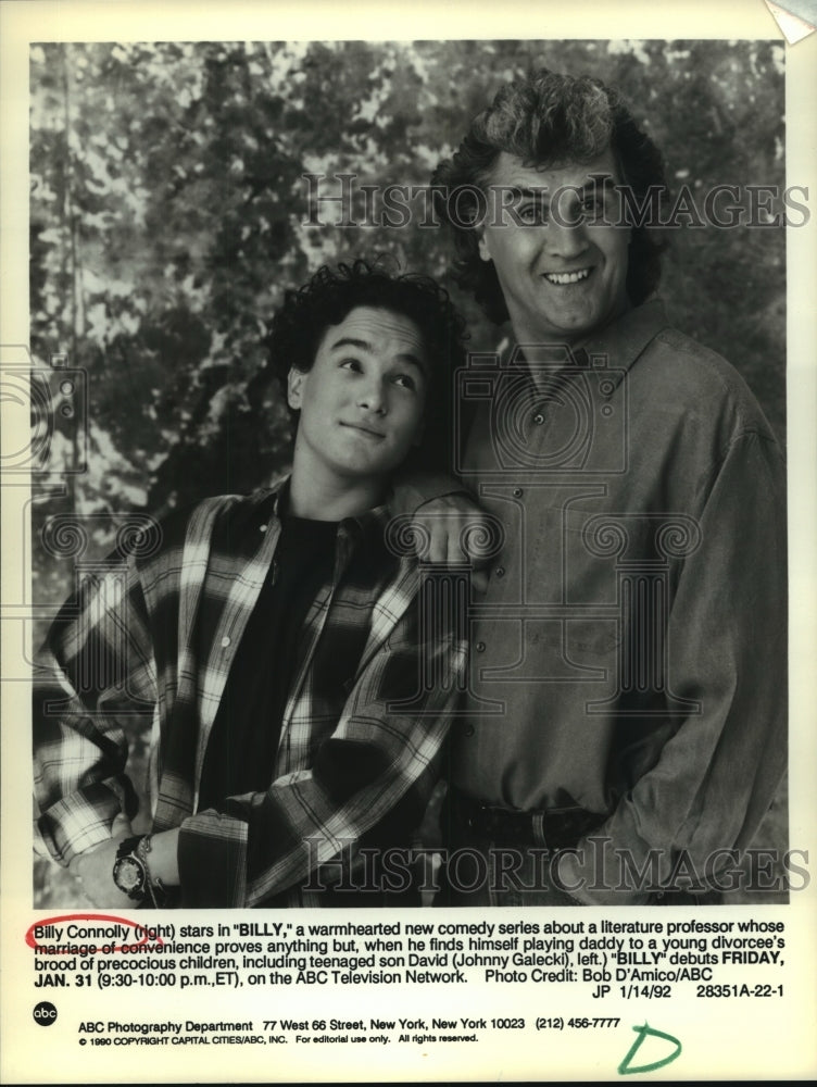 1992 Johnny Galecki and Billy Connolly star on Billy, on ABC. - Historic Images