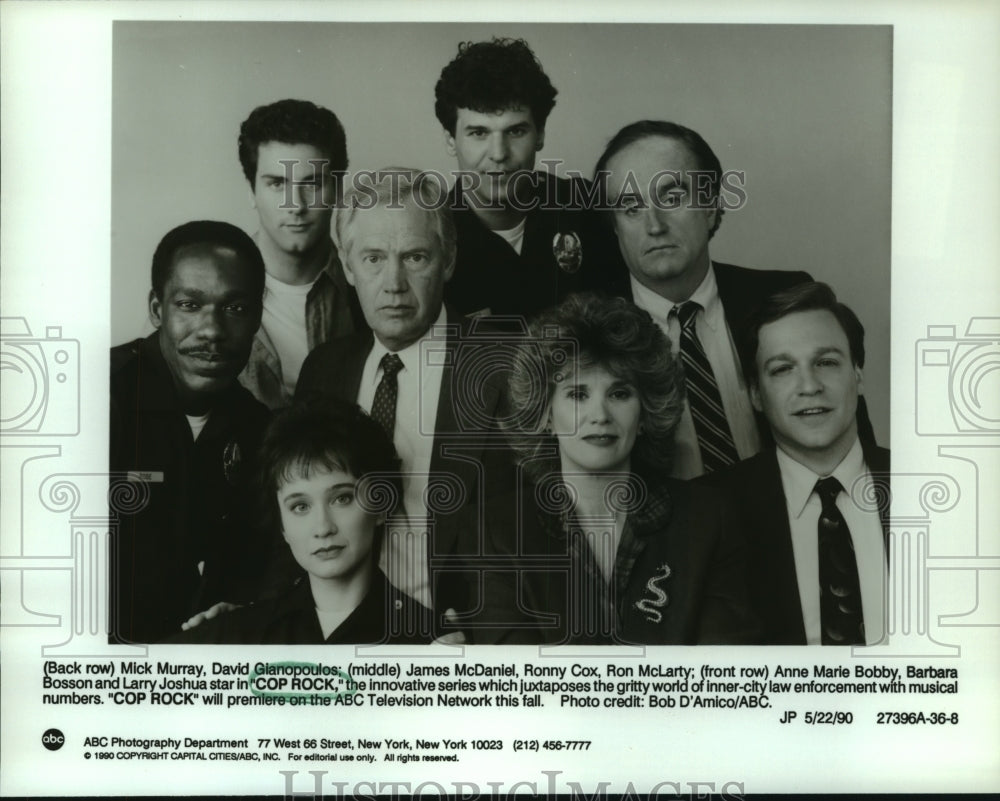 1990 Mick Murray, David Gianopoulos and cast of Cop Rock, on ABC. - Historic Images