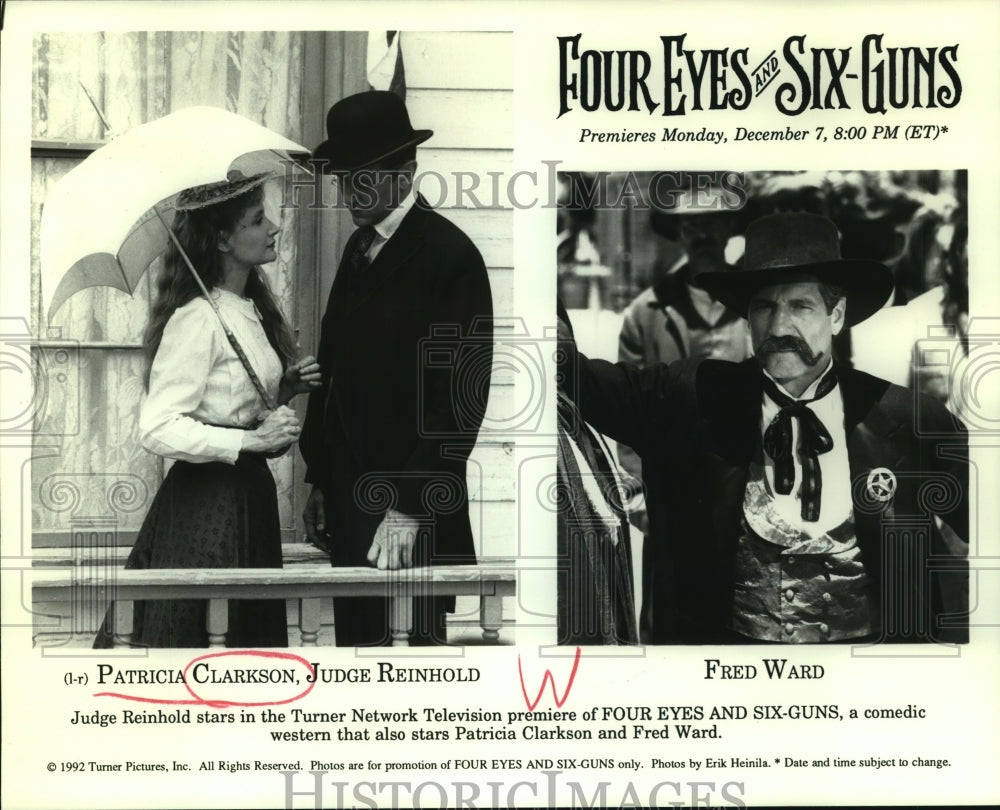 1992 Press Photo Patricia Clarkson and co-stars &quot;Four Eyes and Six Guns&quot; - Historic Images