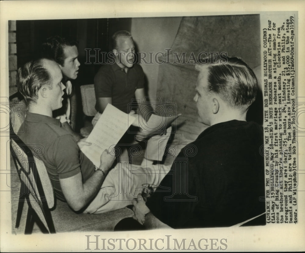 1959 Press Photo Four sons of Bing Crosby rehearse for singing act - Historic Images