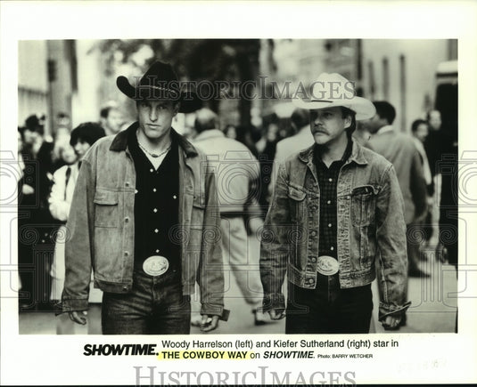 1995 Woody Harrelson and Kiefer Sutherland star in "The Cowboy Way." - Historic Images