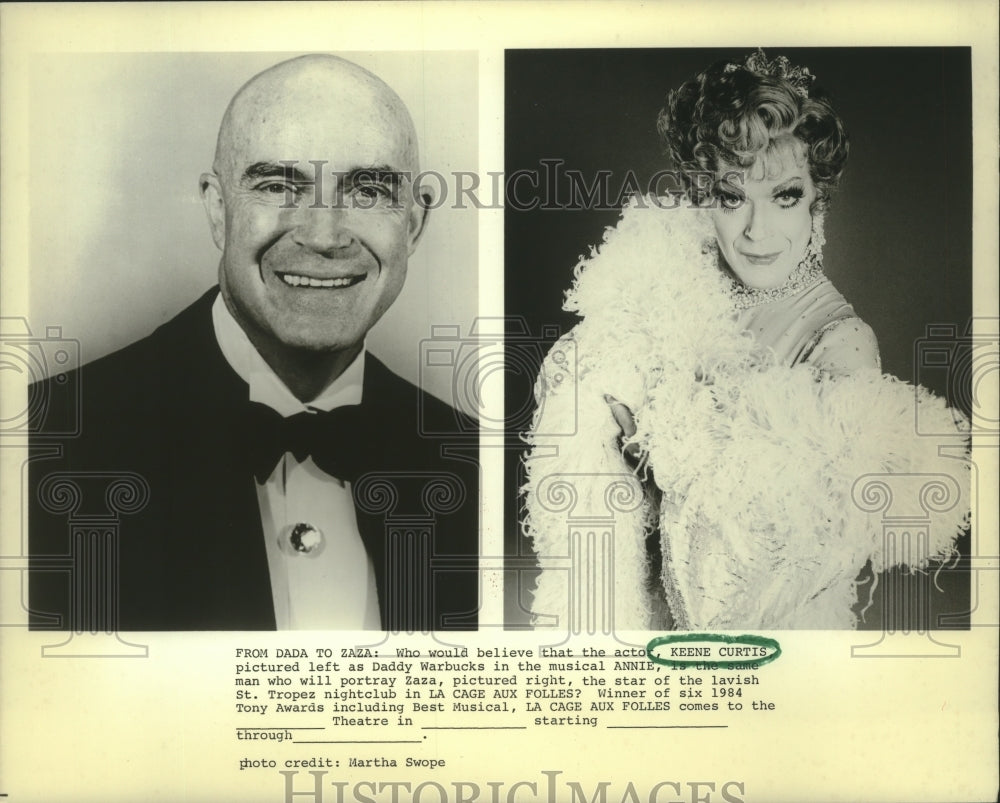 1985 Keene Curtis as Daddy Warbucks (L) and Zaza in St. Tropez club - Historic Images