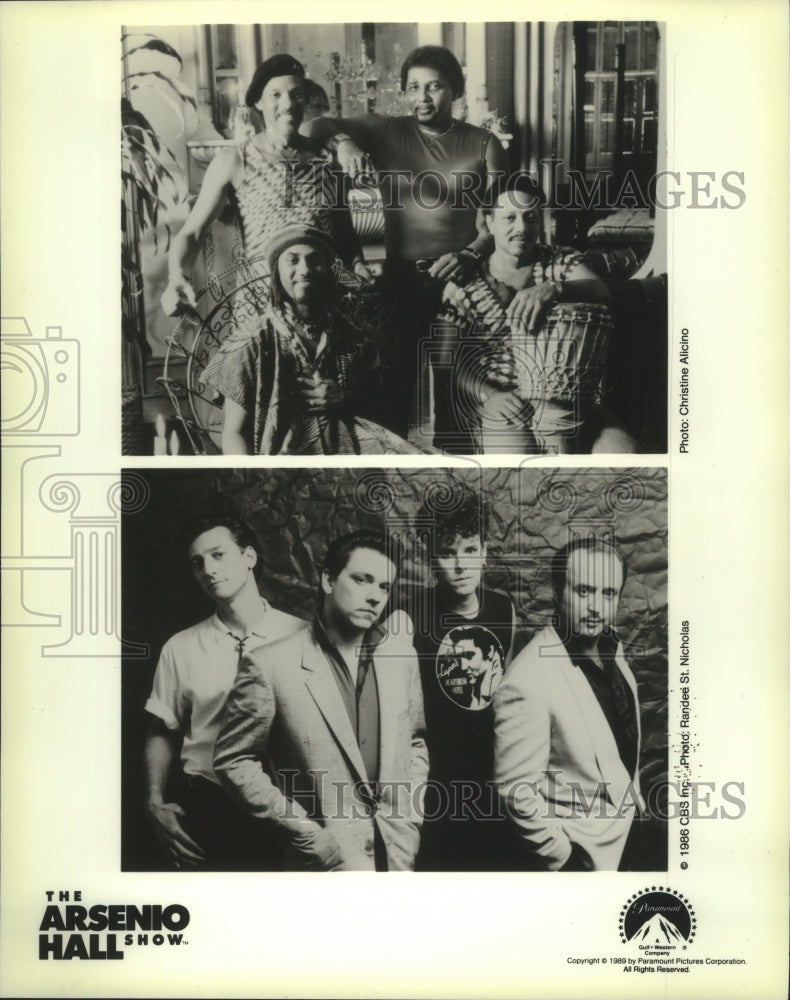 1989 Press Photo Arsenio Hall&#39;s guest, Neville Brothers, top; Thunderbirds-Historic Images