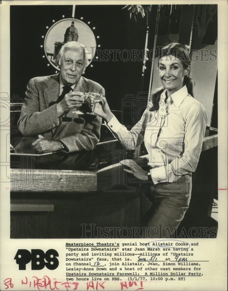 1977 Press Photo &quot;Masterpiece Theatre&quot; - Alistair Cooke and Jean Marsh-Historic Images