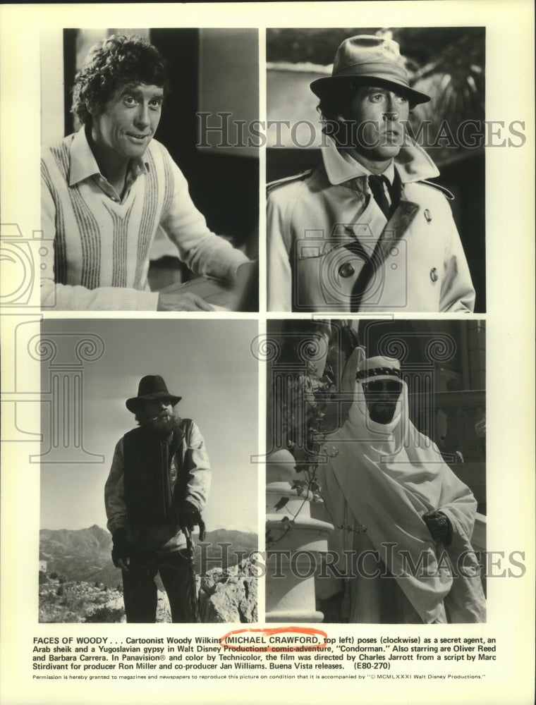 1981 Press Photo Faces of Woody (Michael Crawford) in &quot;Condorman,&quot; Walt Disney- Historic Images