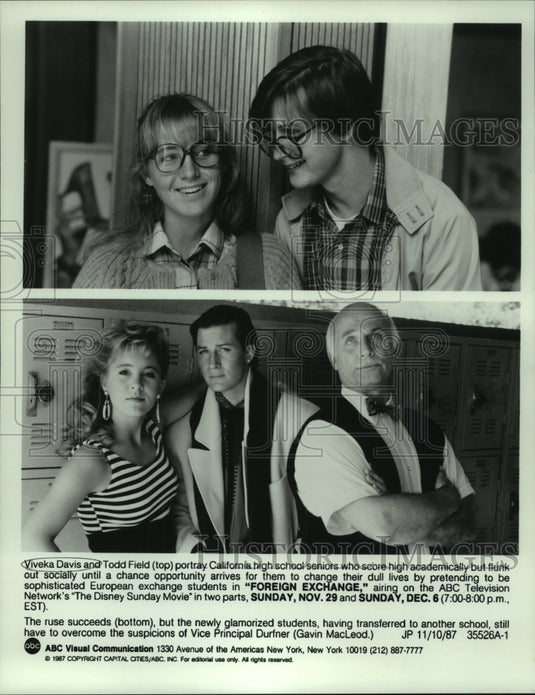 1987 Press Photo Viveka Davis, Todd Field & Gavin MacLeod in Foreign Exchange. - Historic Images