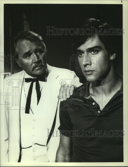 1982 Press Photo Fernando Allende & Howard Duff on NBC-TV's Flamingo Road" - Historic Images